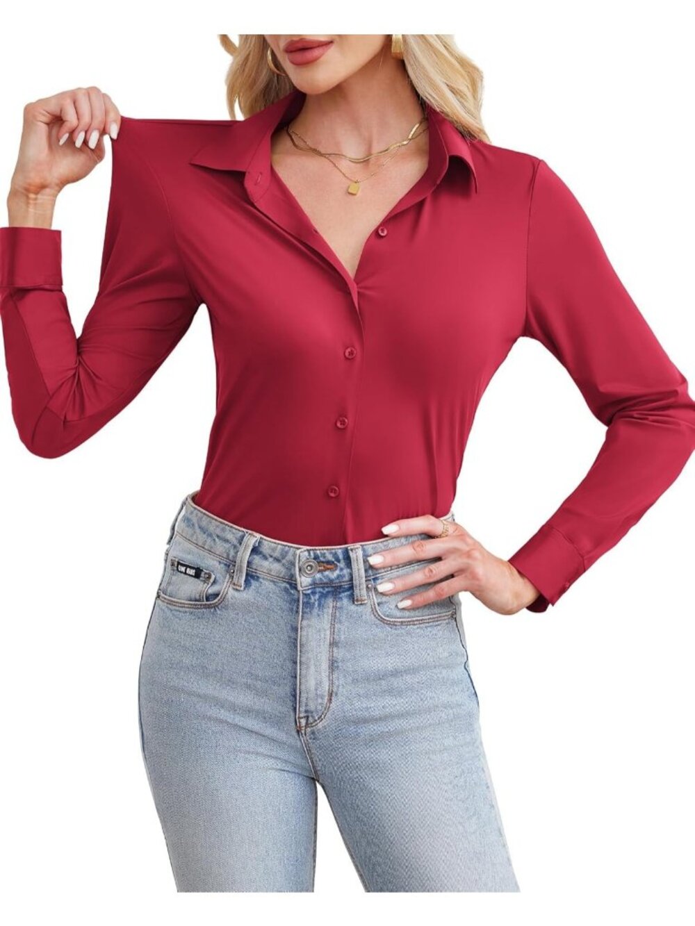 Women's Burgundy Button Down Long Sleeve Slim Fit Stretch Wrinkle Free Shirts